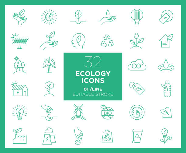 stockillustraties, clipart, cartoons en iconen met set van ecologie iconen in lijn - climate