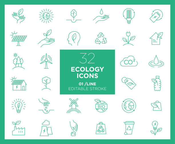 ilustrações de stock, clip art, desenhos animados e ícones de set of ecology icons in line - human hand water environment nature