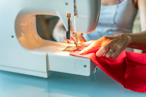 Sewing machine. Close-up. How to sew a tablecloth