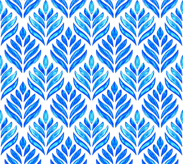 파란색 손으로 그려진 된 양식에 일치 시키는 로터스 꽃 흰색 배경으로 완벽 한 패턴입니다. 연필 그리기 디자인 요소입니다. - lotus leaf stock illustrations