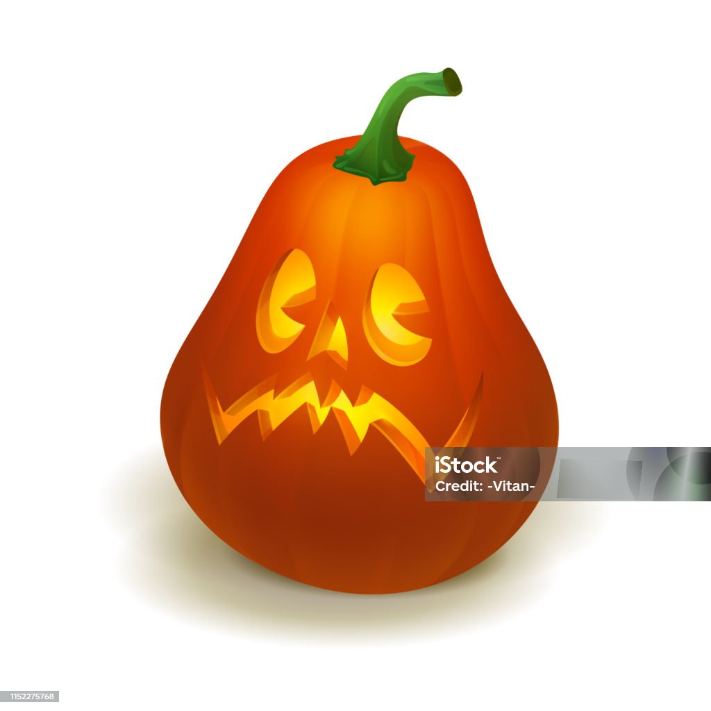 Realistic vector Halloween pumpkin with candle inside. Happy face Halloween pumpkin isolated on white background. Realistic vector Halloween pumpkin with candle inside. Happy face Halloween pumpkin isolated on white background.. Vector Eps 10 Anthropomorphic Face stock vector