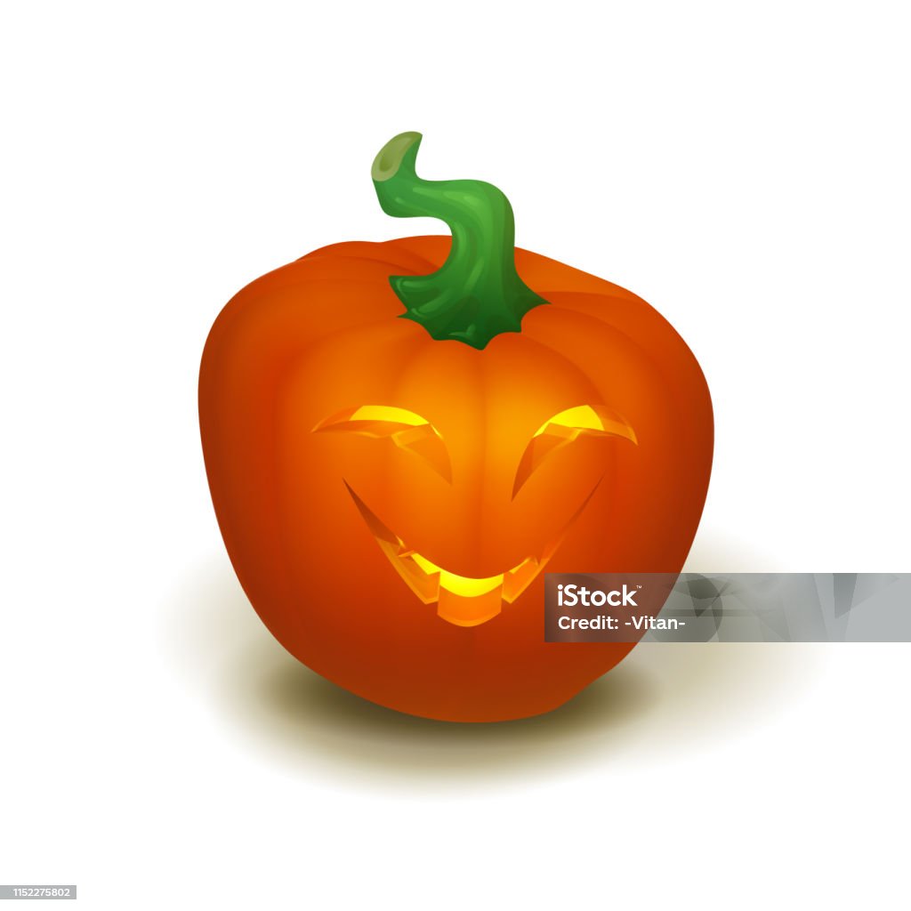 Realistic vector Halloween pumpkin with candle inside. Happy face Halloween pumpkin isolated on white background. Realistic vector Halloween pumpkin with candle inside. Happy face Halloween pumpkin isolated on white background.. Vector Eps 10 Anthropomorphic Face stock vector