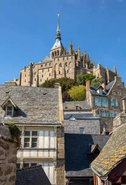 Ancient buildings of the old town on the famous Mont Saint Michel island in France