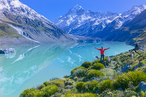 a traveler enjoy the glacier in Mt Cook, Aoraki, New Zealand