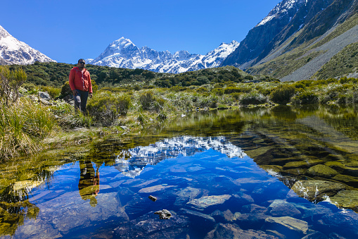 a traveler enjoy the glacier in Mt Cook, Aoraki, New Zealand