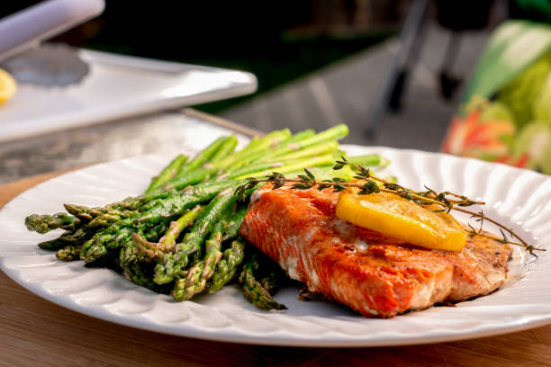 Low Carb Salmon Filet with Lemon Slices Plated With Asparagus