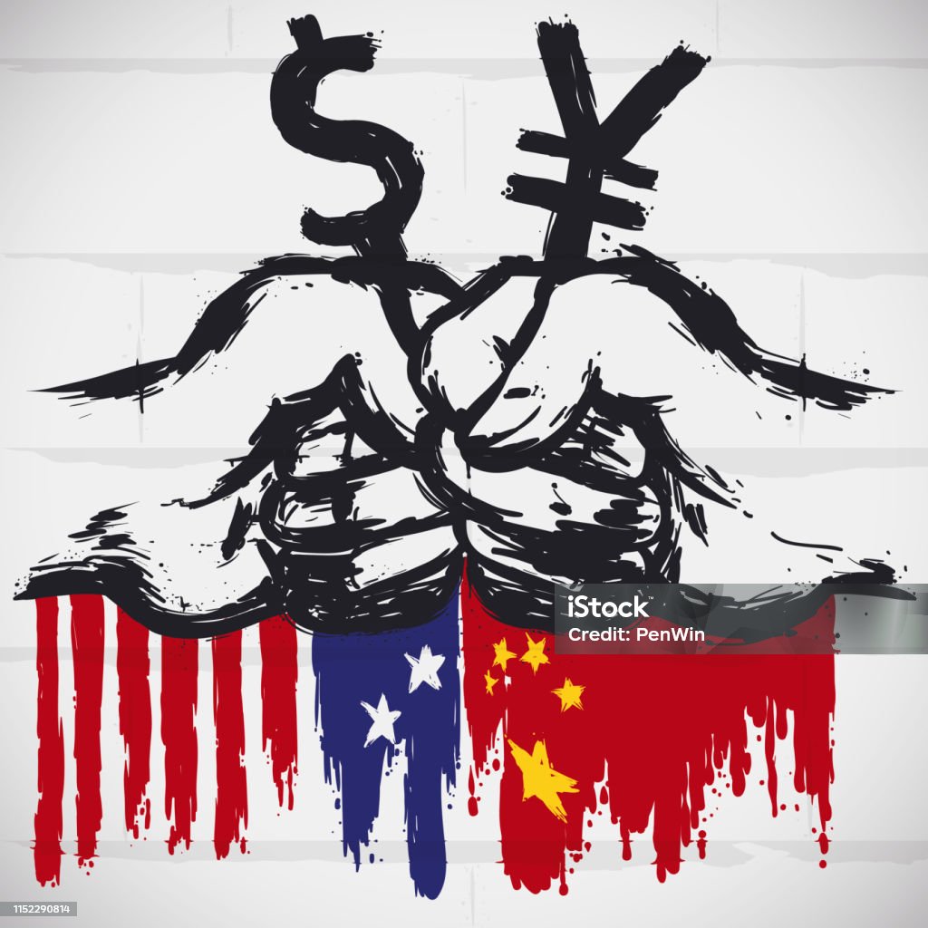 Street Art Protesting for China and U.S.A. Trade War Wall with graffiti design: fists holding dollar and yuan symbols over China and U.S.A. flags, a representation and protest for high tariffs and tense relations due Trade War. Tariff stock vector