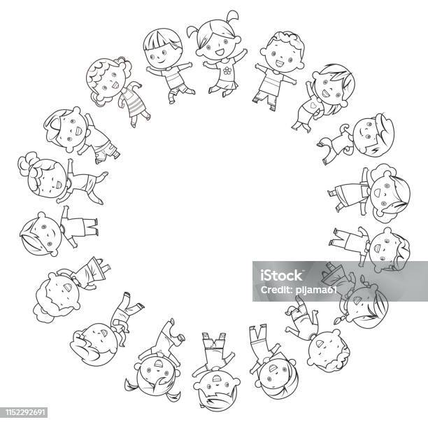 Coloring Book Happy Kids Frame Stock Illustration - Download Image Now - Black And White, Black Color, Circle