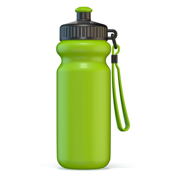 Green sport plastic water bottle standing 3D Green sport plastic water bottle standing 3D render illustration isolated on white background reusable stock pictures, royalty-free photos & images