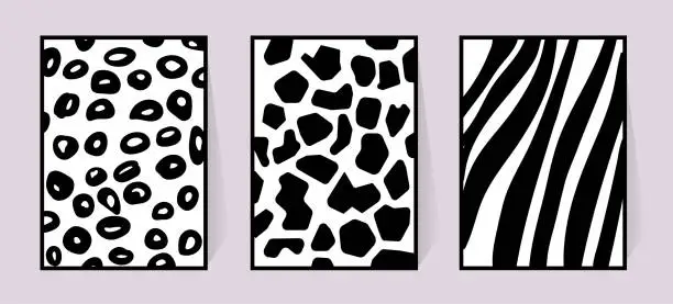 Vector illustration of Vector texture of zebra, giraffe, leopard. Black and white illustration for poster. Monochrome poster with animal background for textile design set safari jungle fur. Three cards for wall decoration