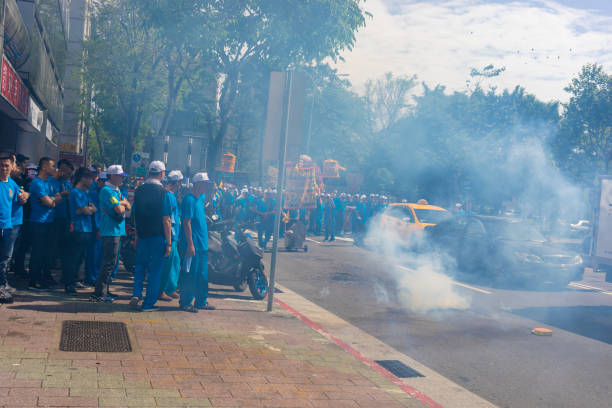 Taipei, Taiwan - May 3, 2019: Firecrackers on the street warding off evil spirits as part of the Maz, sea goddess parade