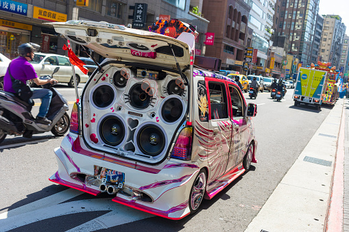 Taipei, Taiwan - May 3, 2019: Highly modified vehicle with an enormous sound system taking part in the street parade for the Sea Goddess Mazu