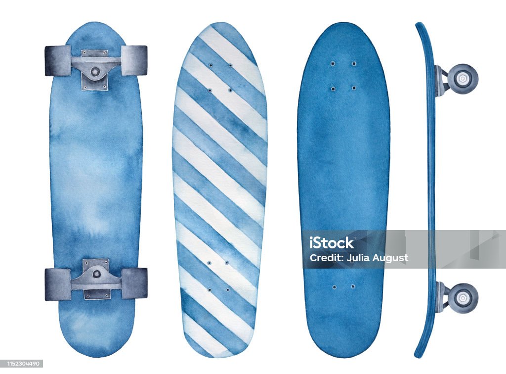 Skateboard sketchy illustration collection. Dark blue color, striped pattern, various views. Handdrawn watercolour painting on white background, cutout clipart elements for creative design decoration. Hand drawn watercolor illustration. Watercolor Painting stock illustration