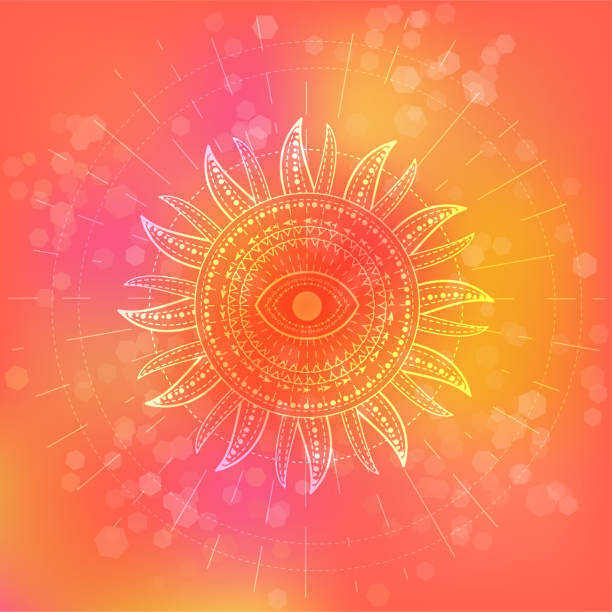 istock Vector illustration of Sacred or mystic symbol on abstract background. Geometric sign drawn in lines. Pink and orange color. 1152305252