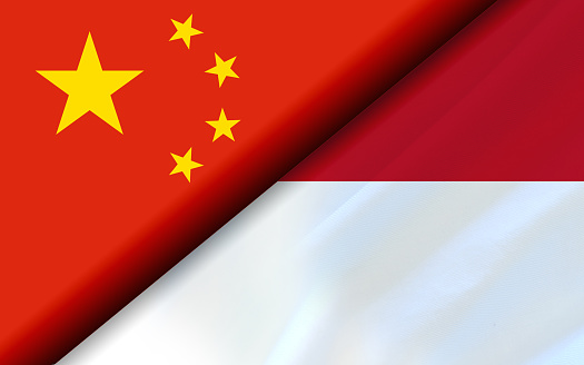 Flags of the China and Indonesia divided diagonally. 3D rendering