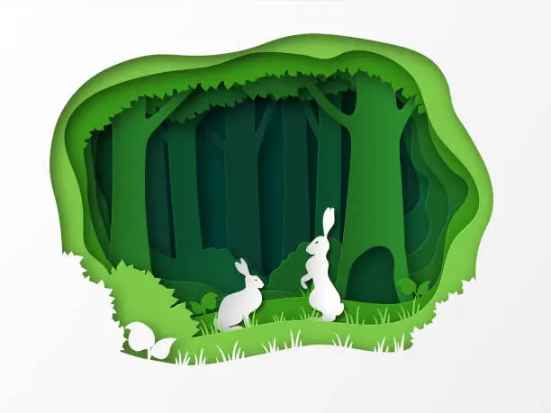 Vector illustration of Hares on a clearing in the forest. Summer vector illustration. Paper cut design. Natural landscape. Animals in the wild.