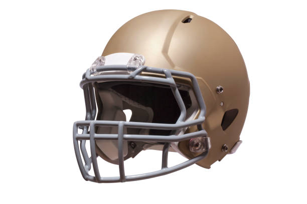 istock Modern gold football helmet isolated on white background 1152312821