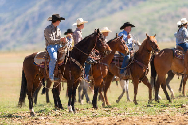 istock Ranchers Horseback Riding at sunrise 1152315464