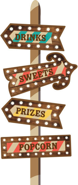 Country Carnival wooden sign post with wooden sign boards and lights Vector illustration of a Country Carnival wooden sign post with wooden sign boards and lights. Includes arrow directional signs that read Drinks, Sweets, Prizes and Popcorn.  Easy to edit with layers. EPS 10 midway fair stock illustrations