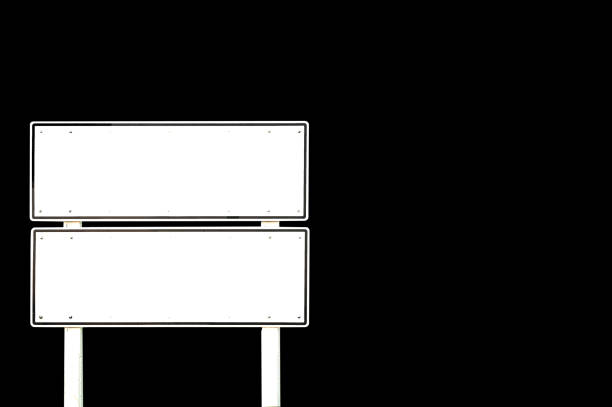 Isolated blank white double road sign pole on black background, Clipping path