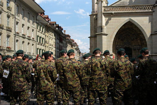 Swiss military music members training in Bern