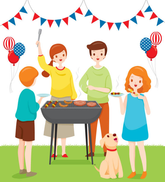 rodzina świętuje razem z barbecue party, 4 lipca dzień niepodległości - family 4th of july stock illustrations