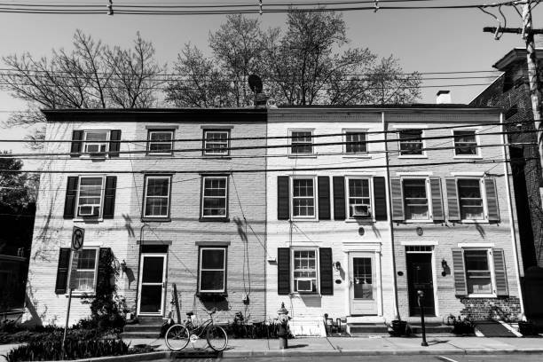 Houses in the town in black and white