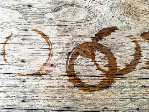 3 Trace water from cups on wood texture, Abstract background, sign concept