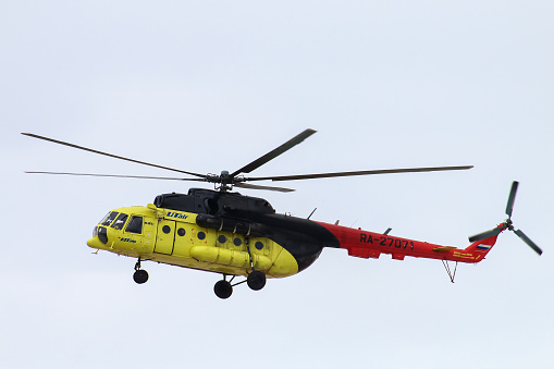 Yamal, Russia - May 25, 2019: UTair Mil Mi-8MTV-1 helicopter arrives to Novyy Urengoy International Airport, Russia.
