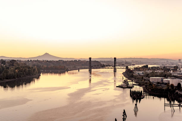 The twilight, gold hour. Shot taken from St. John’s bridge looking towards downtown and mt hood