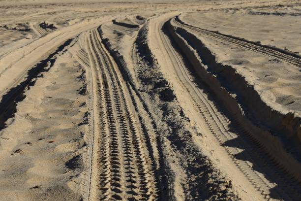 istock Four wheel drive tracks in soft sand 1152330421