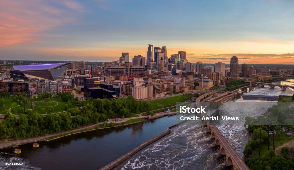 Minneapolis From Above at Sunset Aerial View of Minneapolis and St.Anthony Falls at Dusk - May 2019 Minneapolis Stock Photo