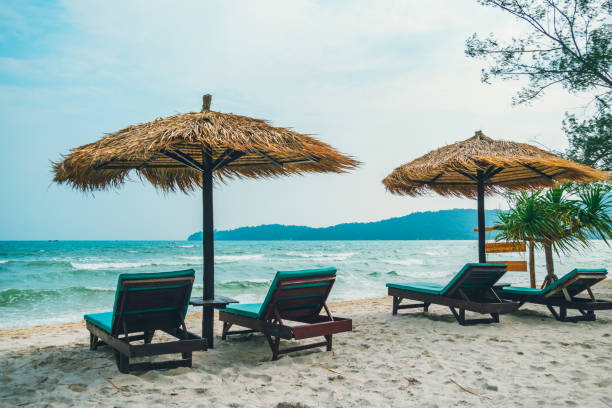 Beach calm scene with sunbeds and straw umbrellas under coconut palms close to Caribbean sea. Tropical paradise with chaise lounges on white sand, beautiful travel card background