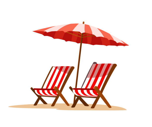 Seaside vacation flat vector illustration Seaside vacation flat vector illustration. Empty sun loungers and umbrella, on hot sand. Traveling in exotic, island, country. Tropical paradise with turquoise ocean waves and palm trees deck chair stock illustrations