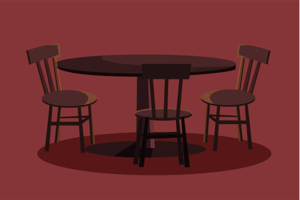 Round table with three chairs flat illustration Round table with three chairs flat vector illustration. Empty wooden desk with stools.
Restaurant furniture. Brown dining table. Cartoon cafe interior. One leg kitchen table. Eating place design banquet chairs stock illustrations