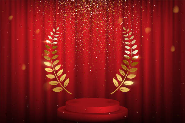 赤いカーテン、ローレルの小枝現実的なイラスト - 証明書と表彰のフレーム点のイラスト素材／クリップアート素材／マンガ素材／アイコン素材