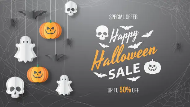 Vector illustration of Happy Halloween sale vector banner. Paper cut style. Vector illusration