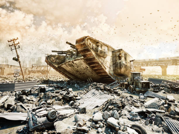 istock futuristic war scene with monster tank. 1152338501