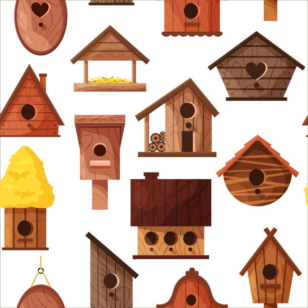 白い背景に孤立した異なる木製の手作りの鳥の家のシームレスなパターン。鳥のための漫画の自家製のネスティングボックス、印刷のためのベクトルイラスト - birdhouse点のイラスト素材／クリップアート素材／マンガ素材／アイコン素材