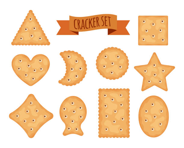 크래커 칩 흰색 배경에 고립 된 다른 모양의 집합입니다. 아침 식사, 맛 있는 간식, 맛 있는 크래커를 위한 비스킷 쿠키-벡터 일러스트 - cracker stock illustrations