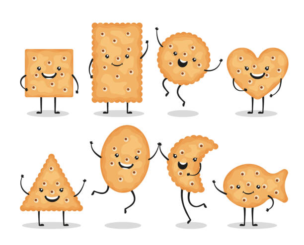 Cute smiling cracker chips different shapes isolated on white background. Happy biscuit cookies characters, doodle snack - vector illustration Cute smiling cracker chips different shapes isolated on white background. Happy biscuit cookies characters, doodle snack - vector illustration. heart shaped chocolate cookie stock illustrations
