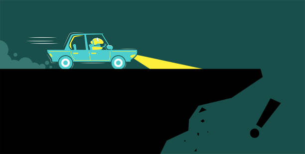 ilustrações, clipart, desenhos animados e ícones de o homem de negócios está dirigindo a direção errada e o carro vai rolar sobre a borda de um penhasco - dark edge