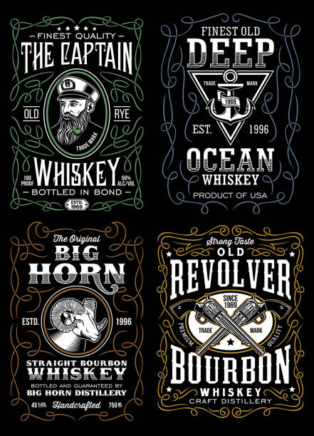 ilustraciones, imágenes clip art, dibujos animados e iconos de stock de vintage whiskey label camiseta diseño colección - whisky