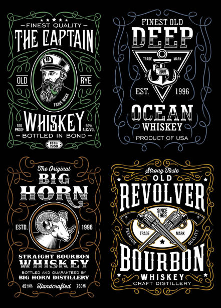ilustrações, clipart, desenhos animados e ícones de coleção do projeto do t-shirt do uísque da etiqueta do vintage - whisky