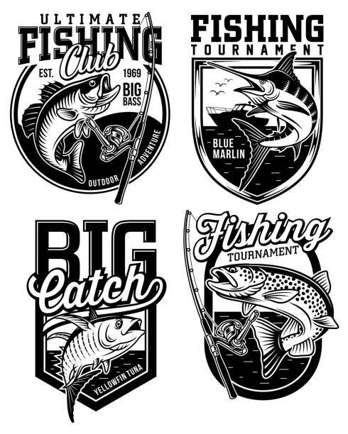 ilustraciones, imágenes clip art, dibujos animados e iconos de stock de conjunto de diseños de emblema de pesca - trucha