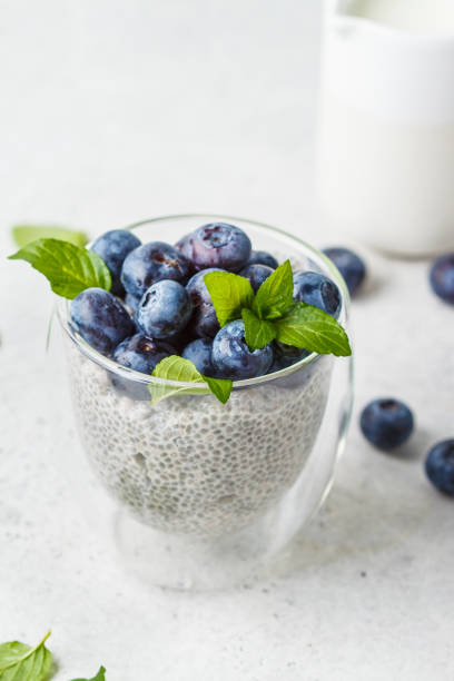 istock Chia pudding with blueberries and mint in glass on a white background. 1152343331