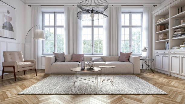 Modern scandinavian living room interior - 3d render Scandinavian interior design living room 3d render with gray colored furniture and wooden elements luxury stock pictures, royalty-free photos & images