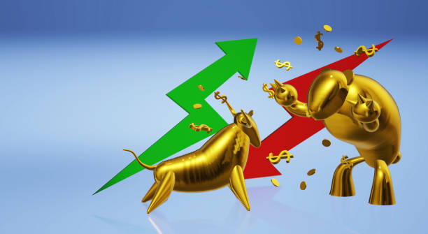 istock 3d rendering gold bull and bear business content. 1152343632
