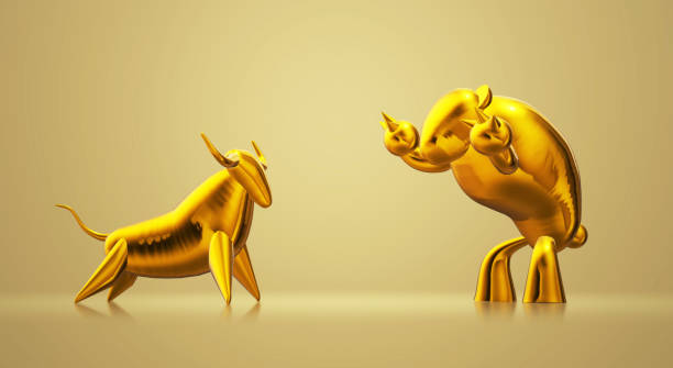 istock 3d rendering gold bull and bear business content. 1152343729