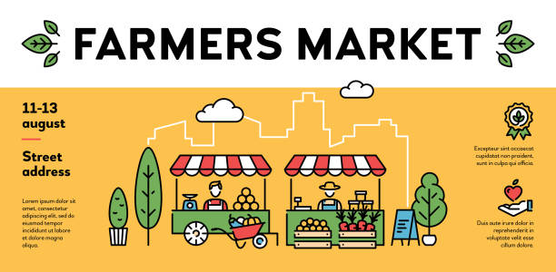 Vector Farmers Market Event Poster Vector farmers market poster illustration. City food festival banner with organic eco products. Local farm event flyer background with place for text. Line healthy fruit and vegetable shop template bazaar market stock illustrations